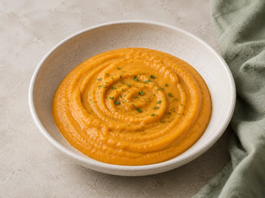 Cremige orange Möhren-Kürbis-Sauce in einer hellen Schale, mit Kräutern bestreut