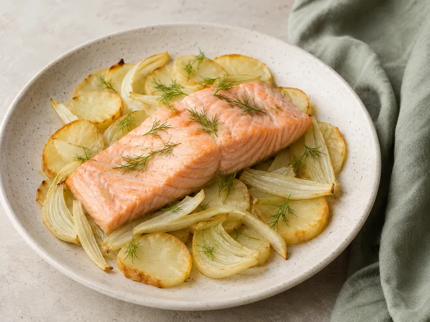 Gebackenes Lachsfilet mit Fenchelstreifen, Kartoffelscheiben und Dill auf einem hellen Teller
