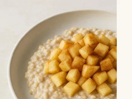 Warme Overnight Oats mit weichen Apfelstücken und Zimt in einer hellen Schale