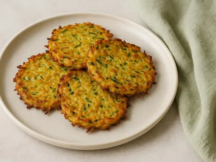 Goldbraun gebackene Zucchini-Kartoffel-Puffer auf einem hellen Teller